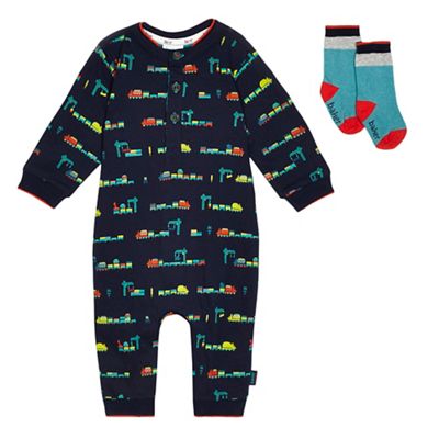Baby boys' navy train print romper suit and colour block socks set